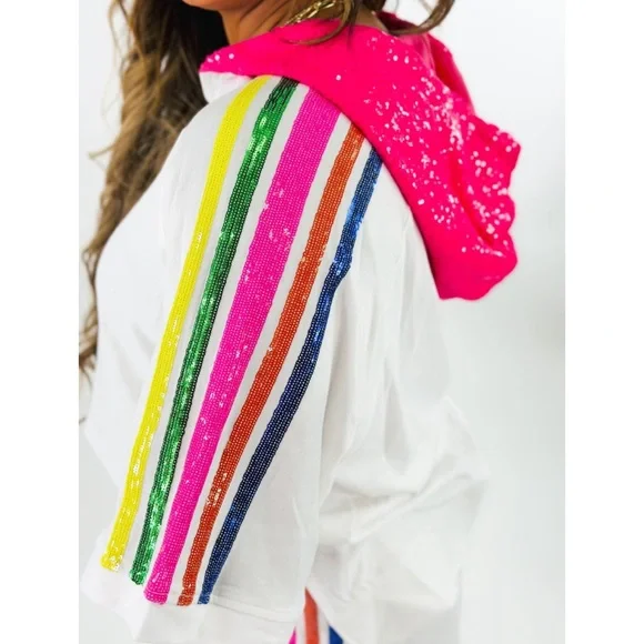 Fantastic Fawn White Sequin Hooded Short Sleeve Top - Picture 3 of 10